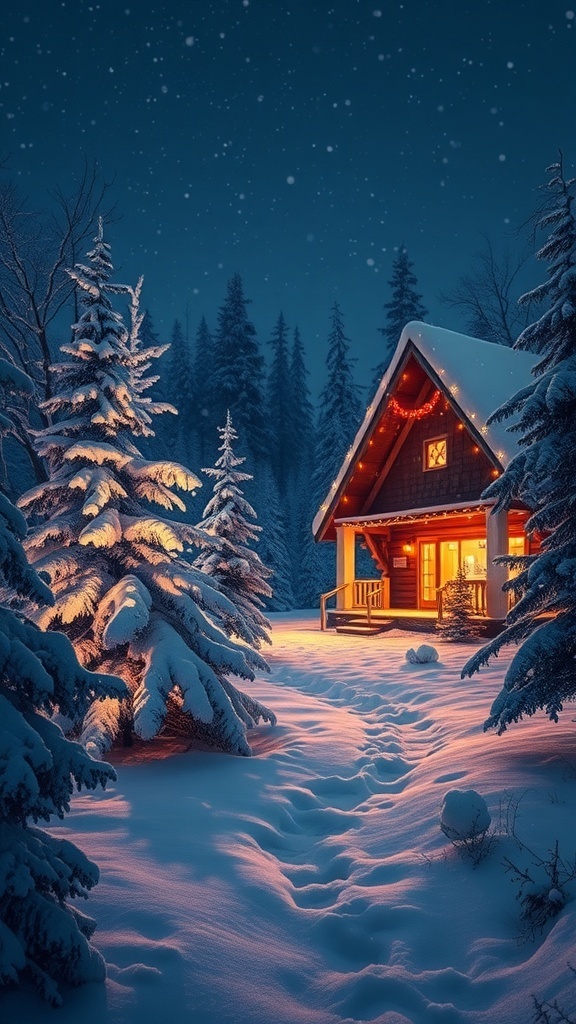Festive Christmas Background HD Wallpaper for Laptops A winter landscape with a cozy cabin and snow-covered trees, decorated for Christmas.